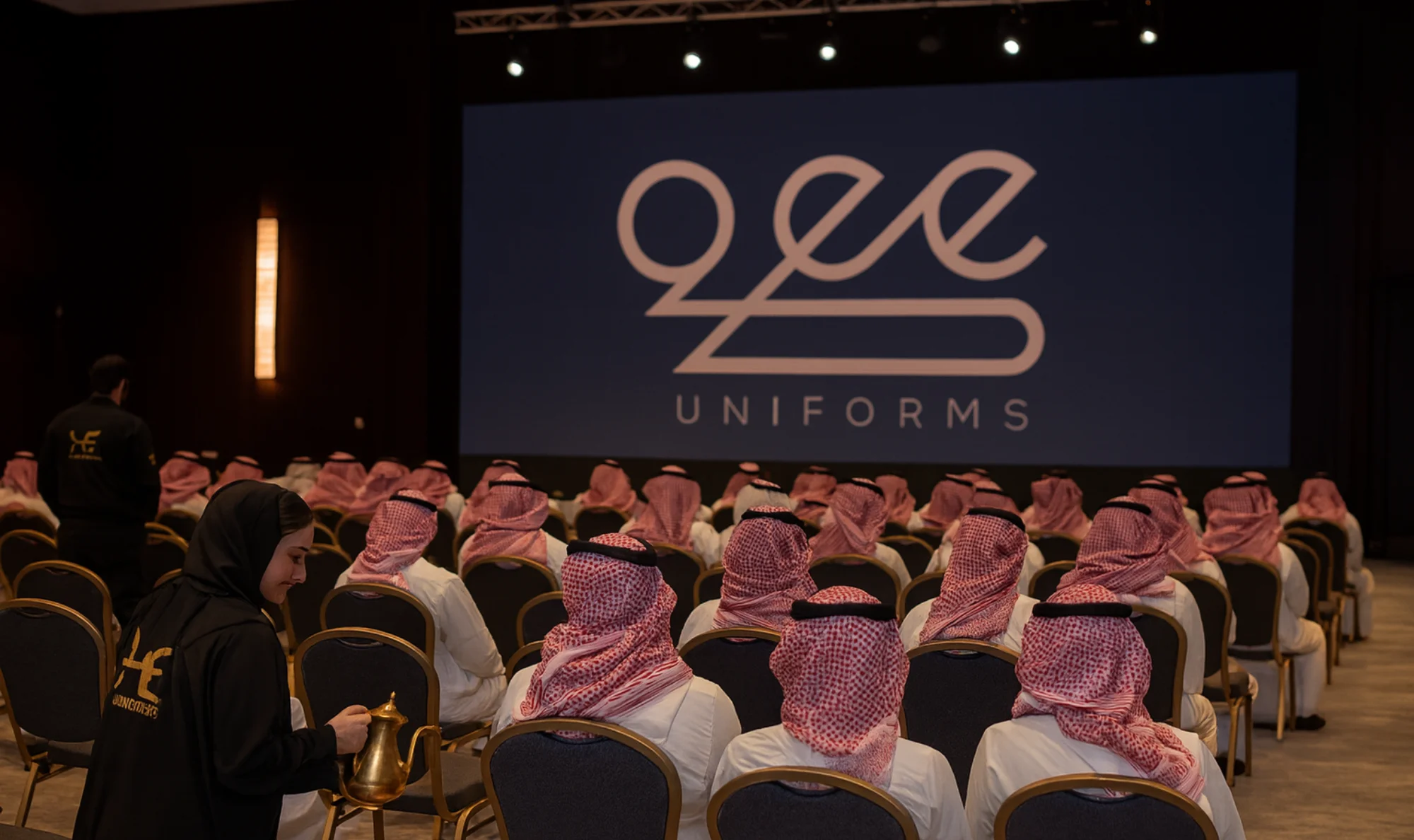 حفل رسمي – زي موحد سعودي – Uniforms حفل رسمي في السعودية مع حضور رجال بالزي السعودي وشعار شركة Uniforms على المسرح