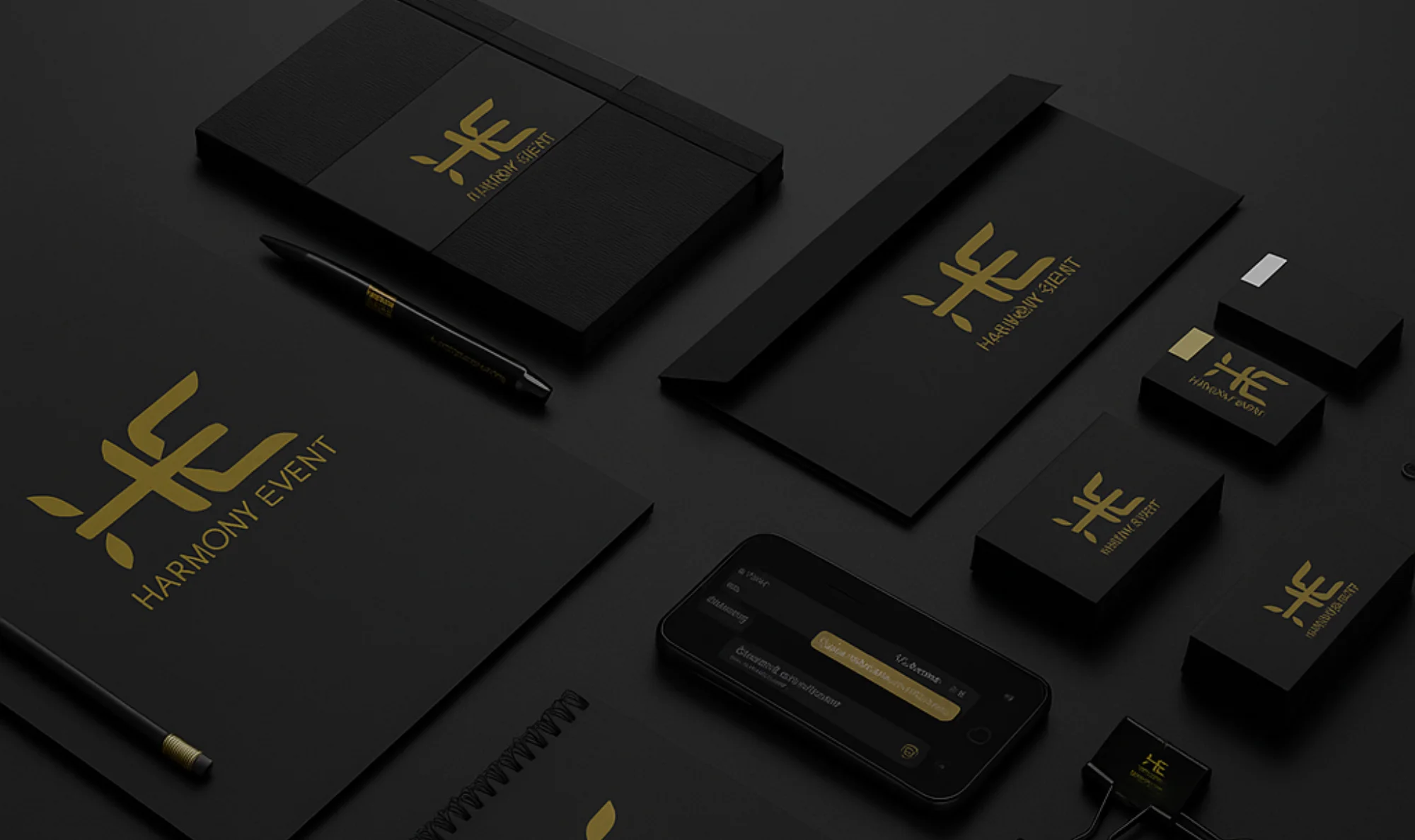 Harmony Event – تصميم هوية بصرية للشركات منتجات الهوية البصرية لشركة Harmony Event تشمل دفاتر، بطاقات، أقلام، وعلب بتصميم أسود مع شعار ذهبي
