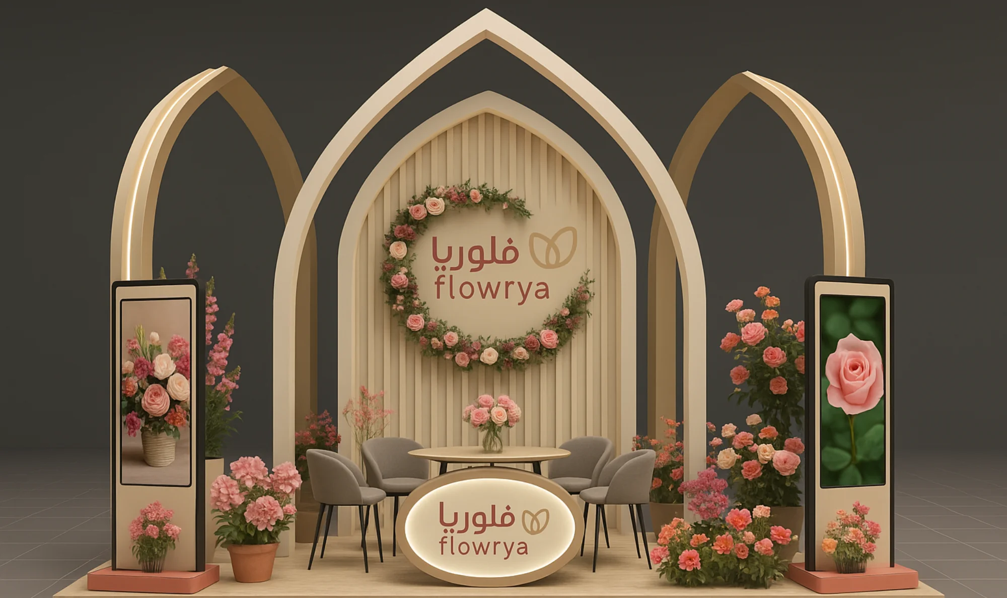 بوث فلوريا – تصميم أنيق مزين بالورود – Flowrya تصميم بوث فلوريا Flowrya مزين بالورود والزهور لعرض المنتجات في المعارض