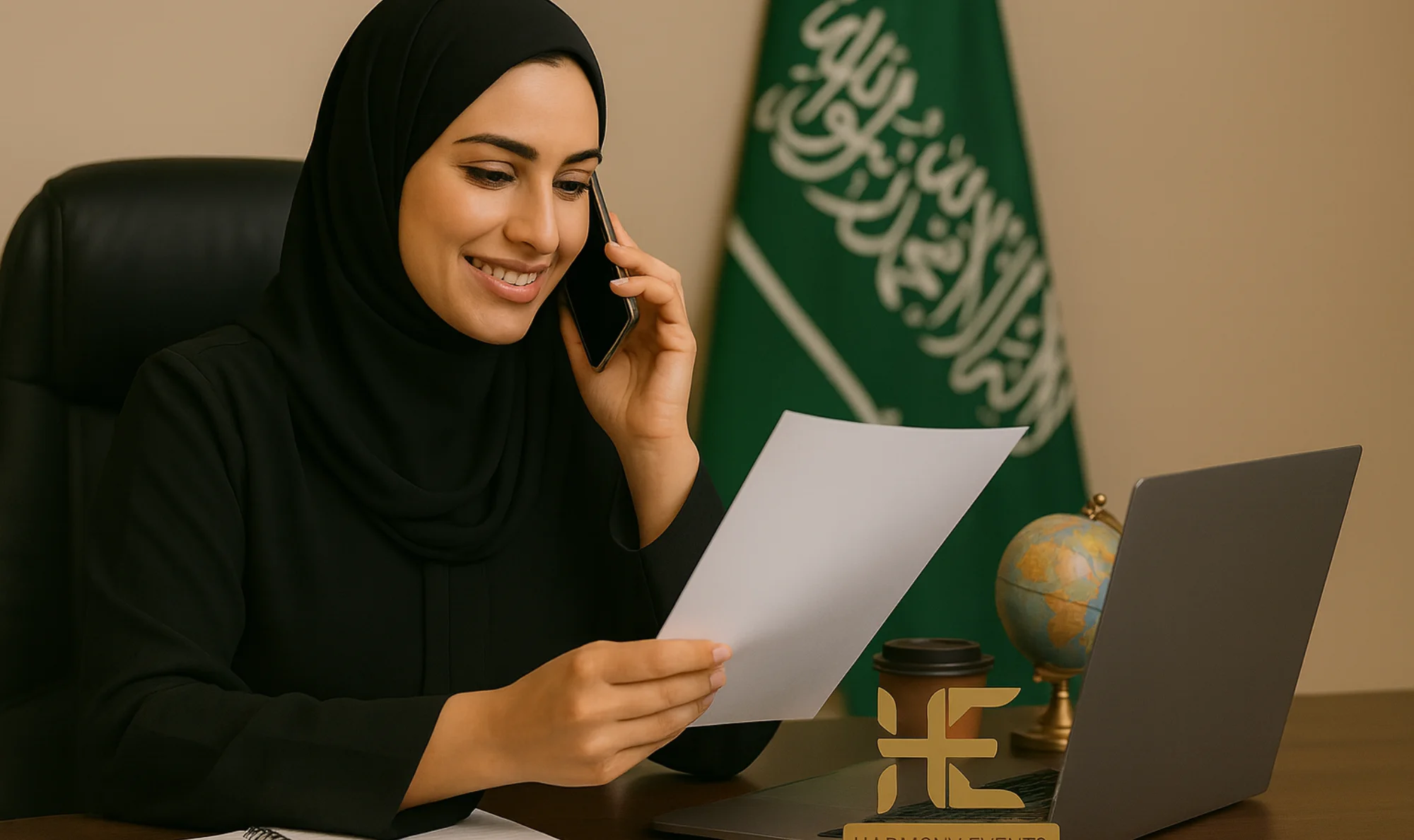 Harmony Event معارض ومؤتمرات سيدة أعمال سعودية من فريق Harmony Event تعمل في مكتب رسمي أمام علم المملكة العربية السعودية